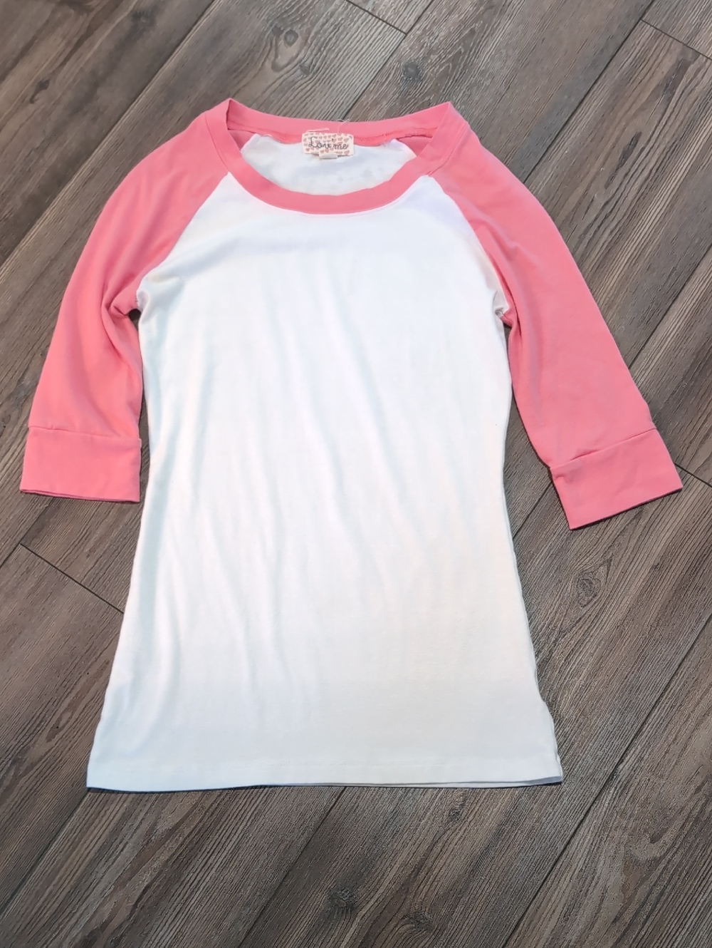 Lore Me White Tee with Pink Raglan Sleeves Medium